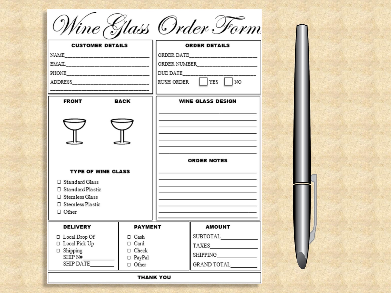 Editable WINE GLASS ORDER Form Printable General Wine Glass Etsy
