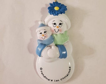 Personalized Grandma's First Christmas Snowman Ornament/ Blue, Handwritten Personalized Christmas Ornament