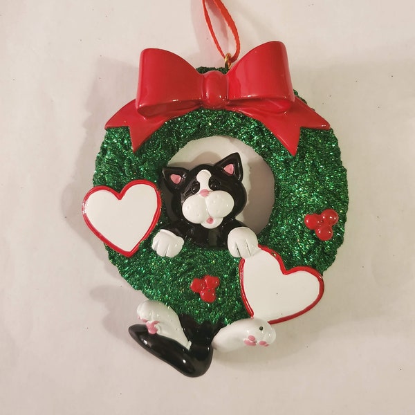 Personalized Tuxedo Cat In Wreath Ornament. Ornament for Cats, Ornament For Pets, Handwritten Personalized Christmas Ornament