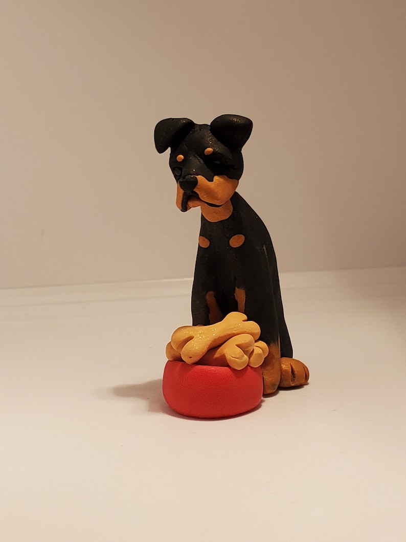 ROTTWEILER Christmas Ornament with a Dish of Dog Bones Can Be PERSONALIZED Hand Made Polymer Clay ooak Rottie