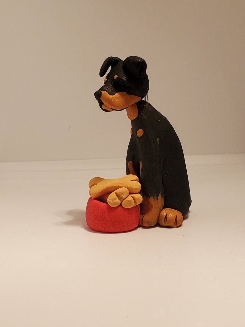 ROTTWEILER Christmas Ornament with a Dish of Dog Bones Can Be PERSONALIZED Hand Made Polymer Clay ooak Rottie