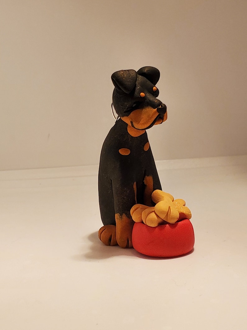 ROTTWEILER Christmas Ornament with a Dish of Dog Bones Can Be PERSONALIZED Hand Made Polymer Clay ooak Rottie
