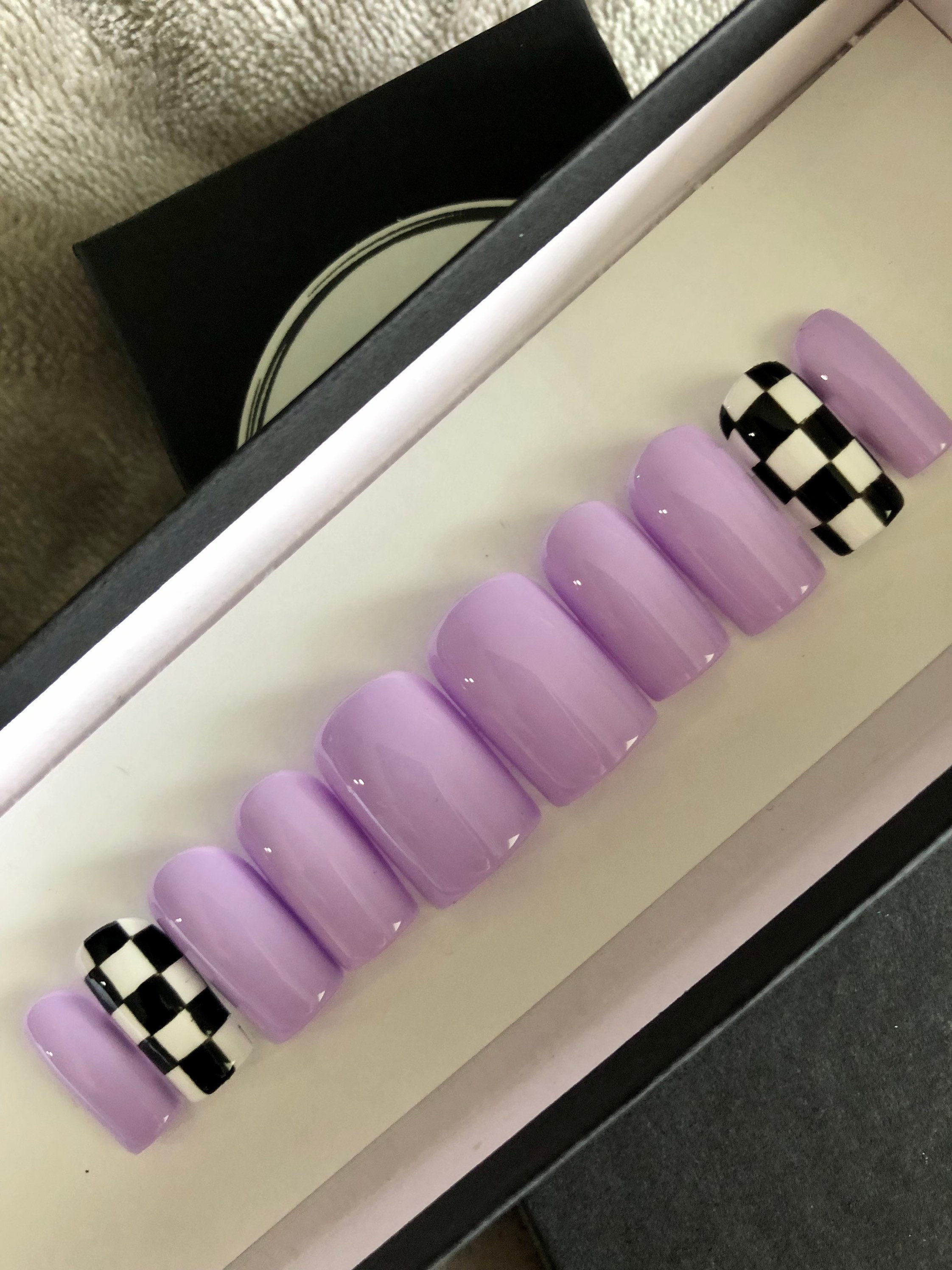 Pastel Purple Checkered Press On Nails Set of 10 Any Shape Any