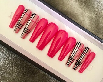 Hot Pink Plaid Press On Nails Set of 10