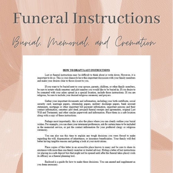 Funeral, Burial, Cremation, Embalming, Casket, Memorial Service, Wake, Last Instructions to Family | DIY Editable Customizable