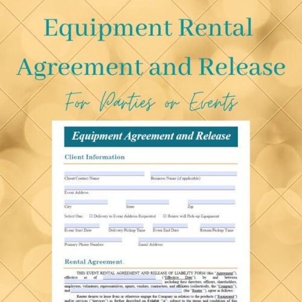 Equipment Rental Agreement (For Events or Parties) | Rental Agreement, Card Authorization, Release and Waiver | Editable, Fillable