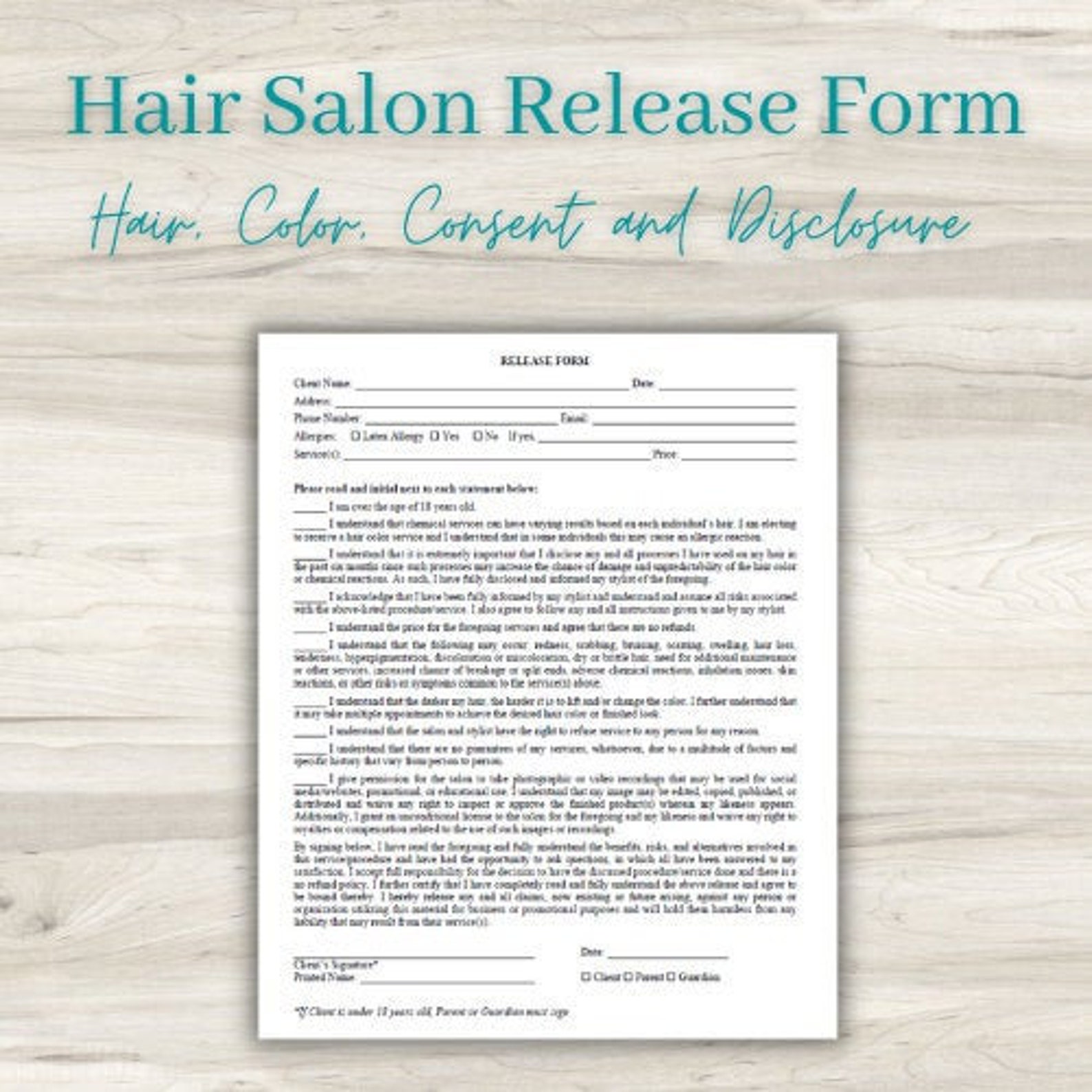 Release Form salon, Hair, Stylist Disclosure, Liability, Waiver ...