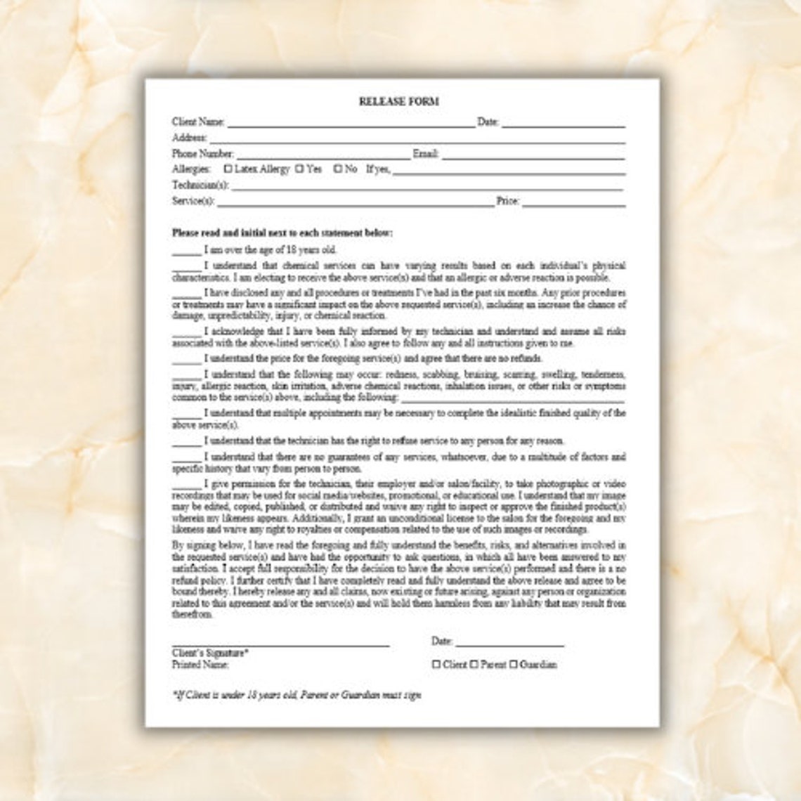 Release Form beauty Salon Esthetician Nails Hair - Etsy