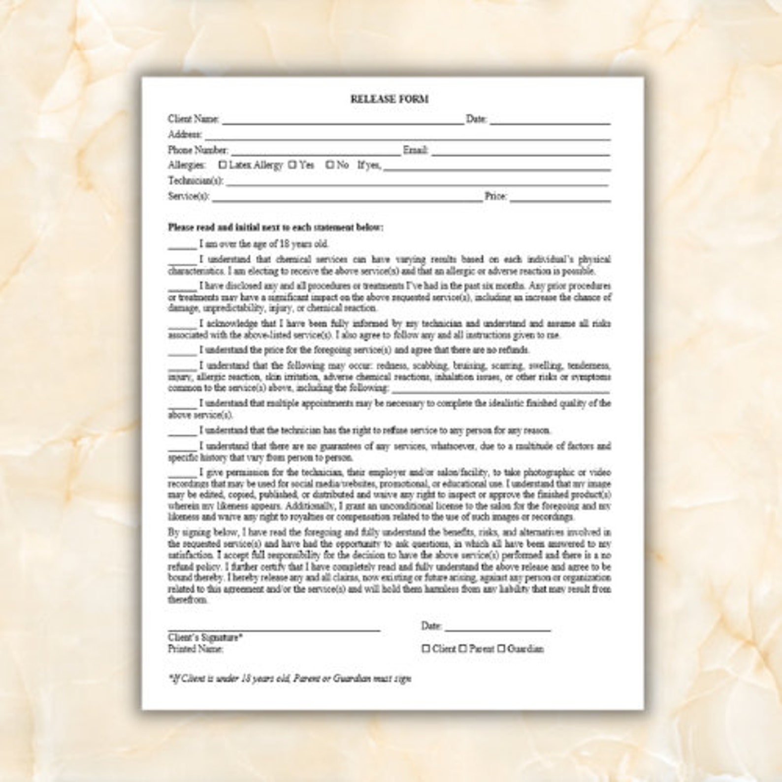 Release Form beauty Salon Esthetician Nails Hair - Etsy Canada