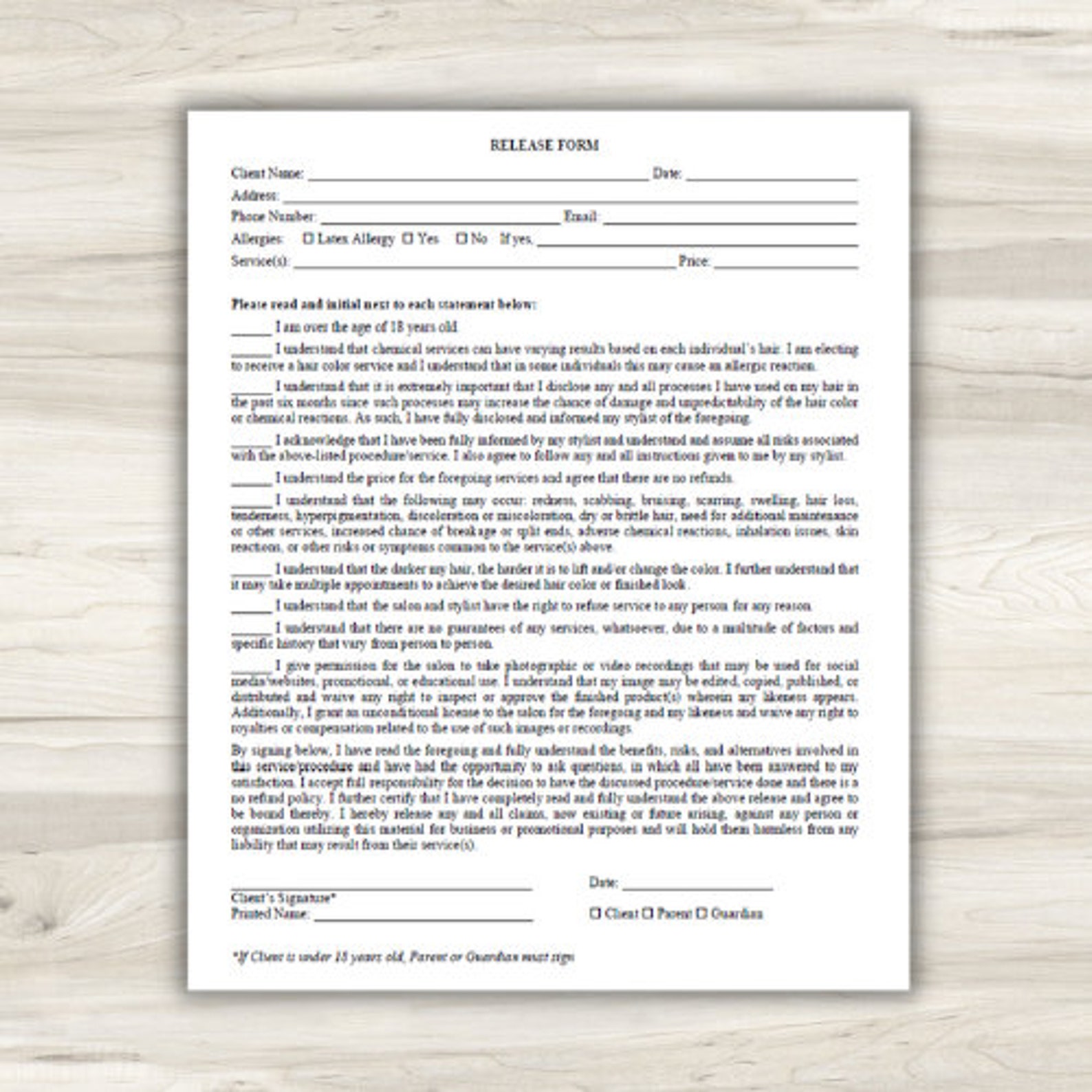 Release Form salon, Hair, Stylist Disclosure, Liability, Waiver ...