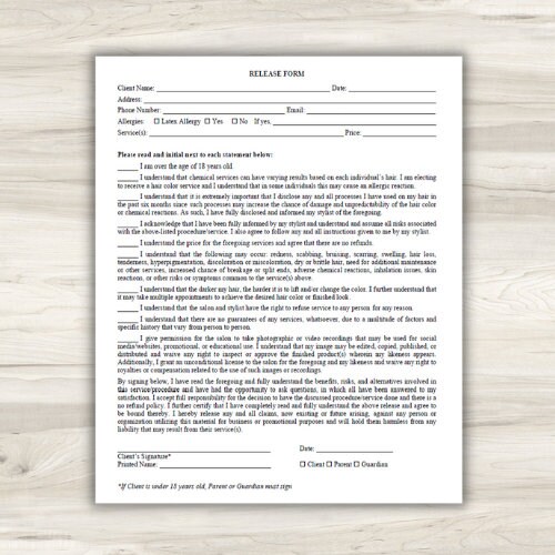 Release Form salon, Hair, Stylist Disclosure, Liability, Waiver ...