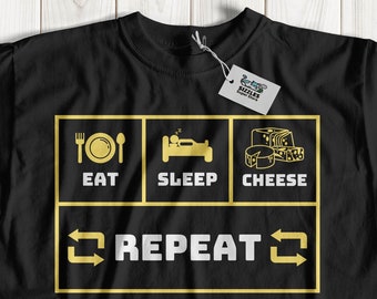 Eat Sleep Cheese Repeat T-shirt unisex con formaggio e regali Cheddar per gli amanti dei piatti di formaggio