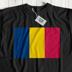 May include: A black t-shirt with the flag of Romania printed on the front. The flag is blue, yellow, and red.
