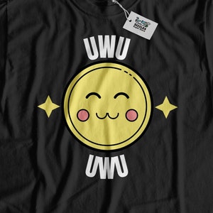 May include: Black t-shirt with a yellow smiley face and the text "uwu" above and below the face.