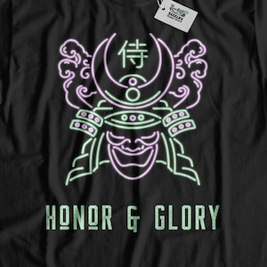 May include: Black t-shirt with a neon green and pink graphic of a samurai warrior wearing a helmet with the kanji character for "honor" on it. The text "HONOR & GLORY" is printed below the graphic.