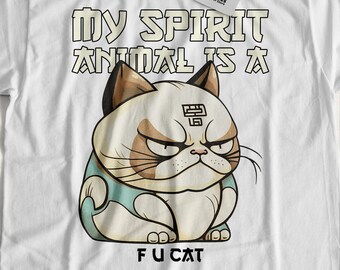 May include: White t-shirt with a cartoon cat wearing a blue and white robe. The text "MY SPIRIT ANIMAL IS A FU CAT" is printed on the shirt.