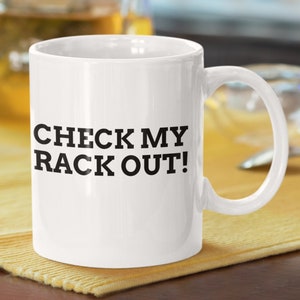 Check My Rack Out! Funny Boob Job Mug 11oz 330ml Fake Breasts Mugs, Moobs Gift Ideas
