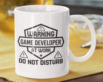 Funny Game Developer Mug 11oz 330ml | Gaming Developer present for Coders | Retro Indie dev gift ideas | Warning game developer at work!