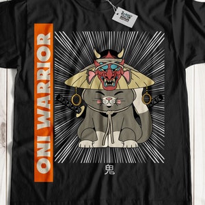 Unisex Oni Krieger Katze T-Shirt | Japanische Cartoon Katzen Shirts