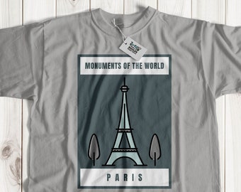 Puede incluir: Camiseta gris con un gráfico de la Torre Eiffel en París. El gráfico está en un esquema de color azul y blanco y dice "Monumentos del mundo" y "París".