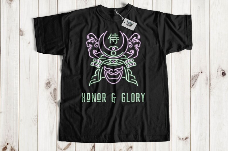 May include: Black t-shirt with a neon green and pink graphic of a samurai warrior wearing a helmet with the kanji character for "honor" on it. The text "HONOR & GLORY" is printed below the graphic.