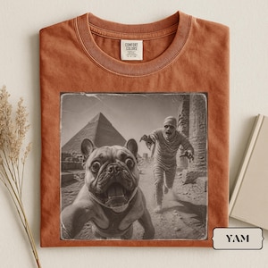 Peut inclure: Un t-shirt à col rond couleur rouille avec une impression graphique en noir et blanc représentant un bouledogue français prenant un selfie avec une momie devant des pyramides égyptiennes. L'étiquette Comfort Colors est visible au col.