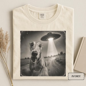 Può includere: Una t-shirt color avorio a girocollo con una stampa grafica di un levriero a bocca aperta che guarda un disco volante nel cielo. La grafica è in bianco e nero con un effetto pellicola vintage. La maglietta presenta un'etichetta Comfort Colors.