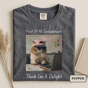 Pode incluir: Uma t-shirt cinzento-carvão de gola redonda com o gráfico de um gato a usar um boné rosa e óculos de sol pretos, sentado perante um portátil e uma bebida. O texto diz First Of All, Spreadsheets Think I'm A Delight.
