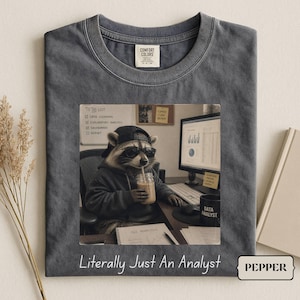 May include: A charcoal grey t-shirt featuring a graphic of a raccoon wearing a baseball cap and sunglasses, sitting at a desk with a computer, a drink, and papers. The text "Literally Just An Analyst" is printed below the graphic in white.