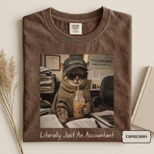 Può includere: Una t-shirt marrone con la grafica di un gatto tigrato che indossa un cappellino con la scritta ACCOUNTANTS e occhiali da sole mentre beve da una bottiglia di vetro. Il testo sotto la grafica recita Literally Just An Accountant in bianco.