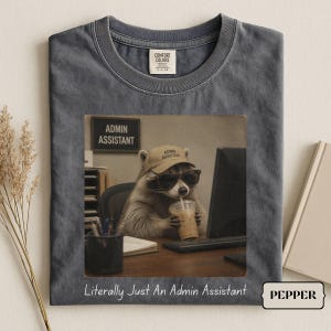 May include: A charcoal gray t-shirt featuring a graphic of a raccoon wearing sunglasses and a tan baseball cap labeled Admin Assistant. The raccoon sits at a desk with a computer and iced coffee. The text below reads Literally Just An Admin Assistant.