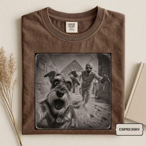 Pode incluir: Uma t-shirt castanha de gola redonda com uma impressão gráfica de um cão a tirar uma selfie com uma múmia num cenário egípcio. A t-shirt tem uma etiqueta Comfort Colors no pescoço e uma pequena etiqueta retangular com o texto ESPRESSO.