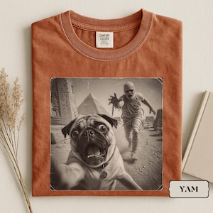 Könnte beinhalten: Ein rostfarbenes Kurzarm-T-Shirt mit einem schwarz-weißen Grafikdruck eines Mopses, der ein Selfie mit einer Mumie vor ägyptischen Pyramiden macht. Das T-Shirt hat ein Comfort Colors Markenetikett am Innenkragen und ein YAM-Etikett.
