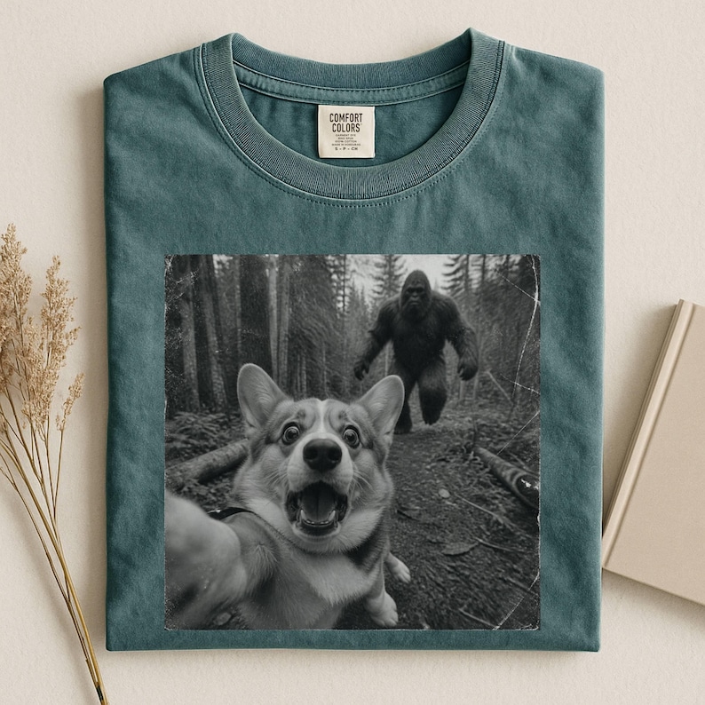 K&ouml;nnte beinhalten: Ein blaugr&uuml;nes T-Shirt mit Rundhalsausschnitt und einem schwarz-wei&szlig;en Grafikdruck eines Corgis, der ein Selfie im Wald macht, w&auml;hrend im Hintergrund eine gro&szlig;e affenartige Kreatur zu sehen ist. Das Comfort Colors Etikett ist am Kragen.