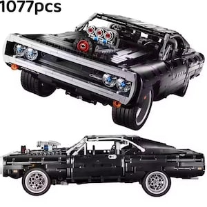May include: Black model car made of 1077 pieces. The car has a detailed engine, silver accents, and large tyres. The word "Charger" is visible on the side. The car is shown from two different angles.