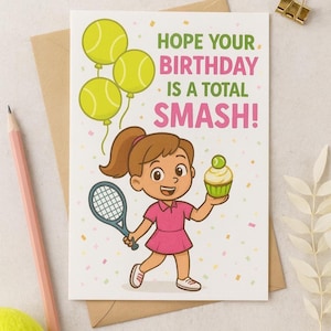 Printable Tennis Birthday Card Girls Confetti – Foldable 5x7&quot; – Tennis Theme – Instant Digital Download