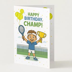 Printable Tennis Birthday Card for Boys – Foldable 5x7&quot; – Tennis Theme – Instant Digital Download
