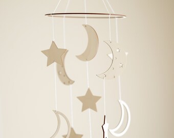 Wooden nursery mobile moon and stars Personalised mobile grey nursery Scandi decornursery decor Wood mobilenursery ideas moon mobile