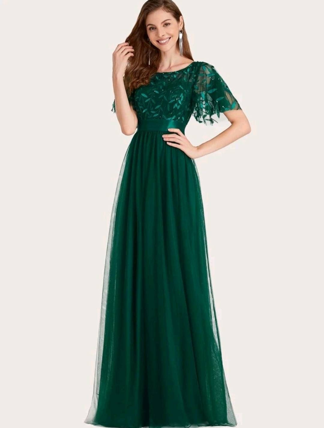 Emerald Green Sequin Floral Sophisticated Flowy Elegant Dress | Etsy