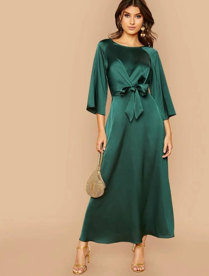 Emerald Green Satin Sophisticated Flowy Elegant Dress Modest Etsy