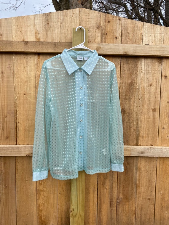 Vintage 80s Haband Sheer Light Blue Square Patter… - image 1