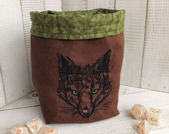 Green-Eyed Fox Dice Bag, Homemade, Embroidered, RPG, Gamer Gift, Whimsical Reversible Pouch
