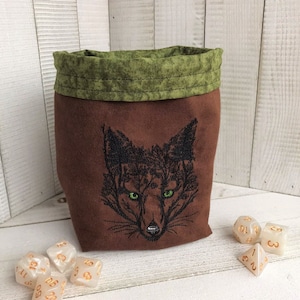 Green-Eyed Fox Dice Bag, Homemade, Embroidered, RPG, Gamer Gift, Whimsical Reversible Pouch