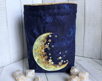 Embroidered Moon and Stars Dice Bag: Reversible Pouch