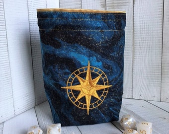 Star Compass Dice Bag, Embroidered, Reversible Pouch, Celestial, DnD, Bag of Holding, RPG, Gift