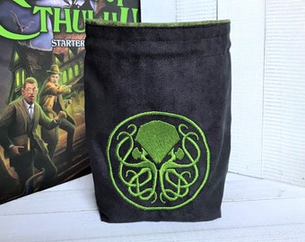 Octopus Monster Dice Bag, Green and Black, Embroidered, Handmade Pouch