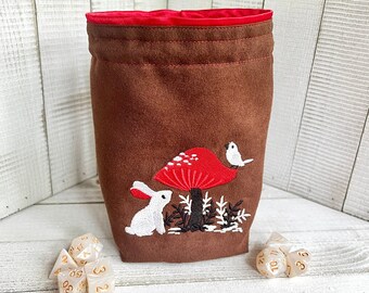 Embroidered Mushroom Dice Bag: Reversible Microsuede RPG Pouch