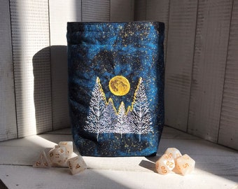 Embroidered Dice Bag: Moonlit Forest, Reversible RPG Pouch