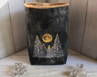 Embroidered Moonlit Forest Dice Bag: Reversible RPG Pouch