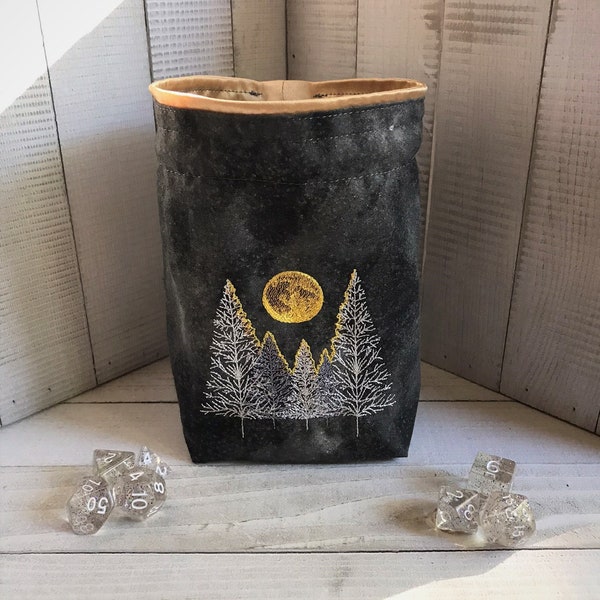 Moonlit Forest with Starry Sky Dice Bag (Black/Gold), Embroidered, Reversible Pouch, Celestial, DnD, Bag of Holding, RPG, Gift